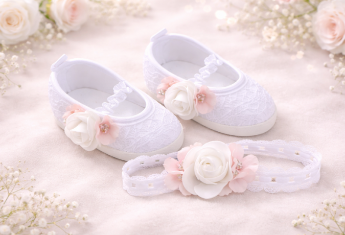 Buciki + Opaska Różany bukiecik Biały - NOWOŚĆ