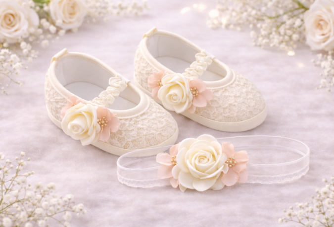 Buciki + Opaska - Różany bukiecik Ecru - NOWOŚĆ