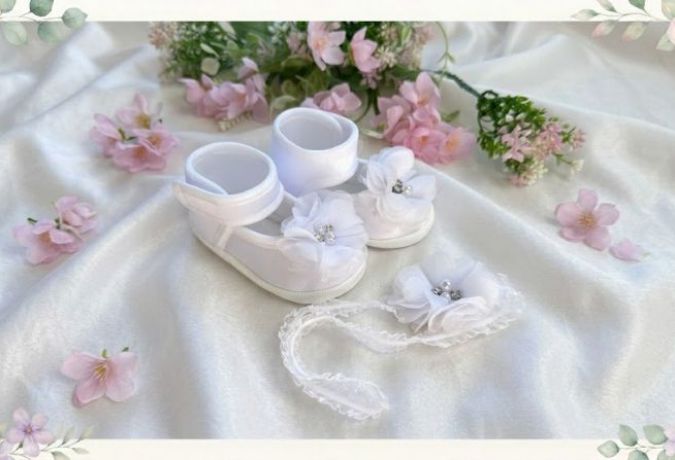 Buciki + Opaska Kwiat biały